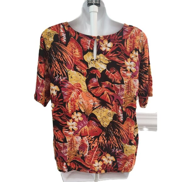 80s Tess Tropical Floral Rayon Blouse Black Orange Yellow Women's Size Large - Picture 4 of 13